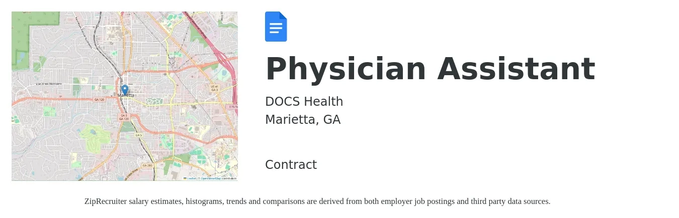 DOCS Health job posting for a Physician Assistant in Marietta, GA with a salary of $94,800 to $128,400 Yearly with a map of Marietta location.