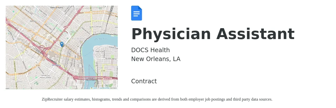 DOCS Health job posting for a Physician Assistant in New Orleans, LA with a salary of $96,000 to $130,100 Yearly with a map of New Orleans location.