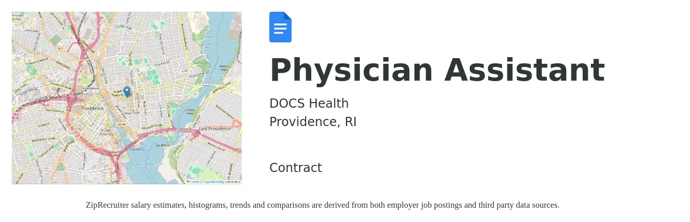 DOCS Health job posting for a Physician Assistant in Providence, RI with a salary of $101,000 to $136,900 Yearly with a map of Providence location.