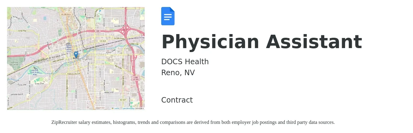 DOCS Health job posting for a Physician Assistant in Reno, NV with a salary of $99,700 to $135,100 Yearly with a map of Reno location.