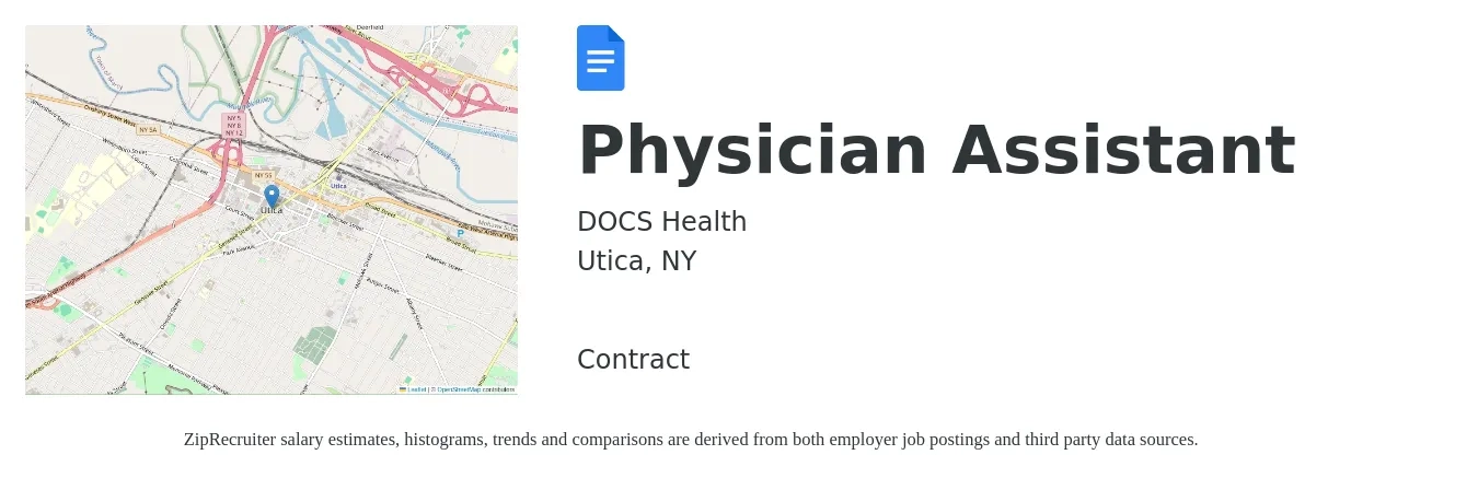 DOCS Health job posting for a Physician Assistant in Utica, NY with a salary of $102,200 to $138,400 Yearly with a map of Utica location.