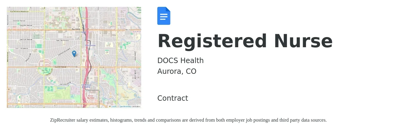 DOCS Health job posting for a Registered Nurse in Aurora, CO with a salary of $33 to $53 Hourly with a map of Aurora location.