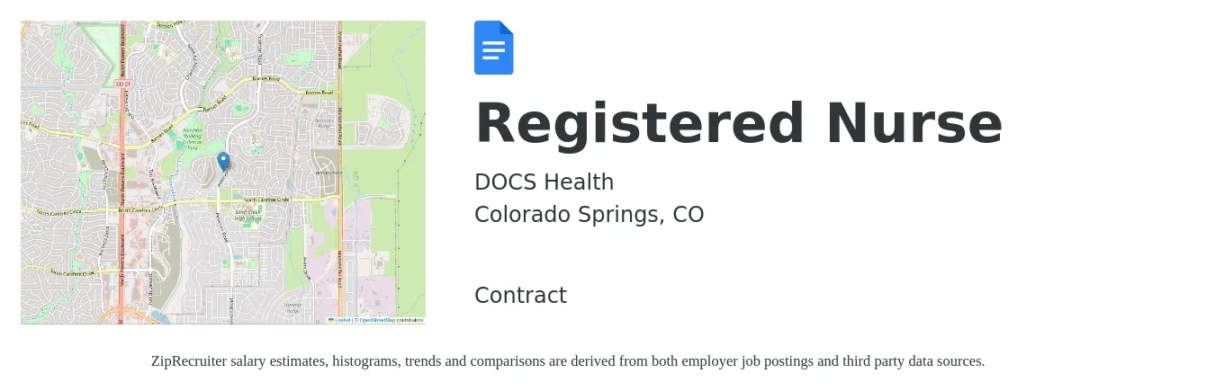 DOCS Health job posting for a Registered Nurse in Colorado Springs, CO with a salary of $32 to $51 Hourly with a map of Colorado Springs location.