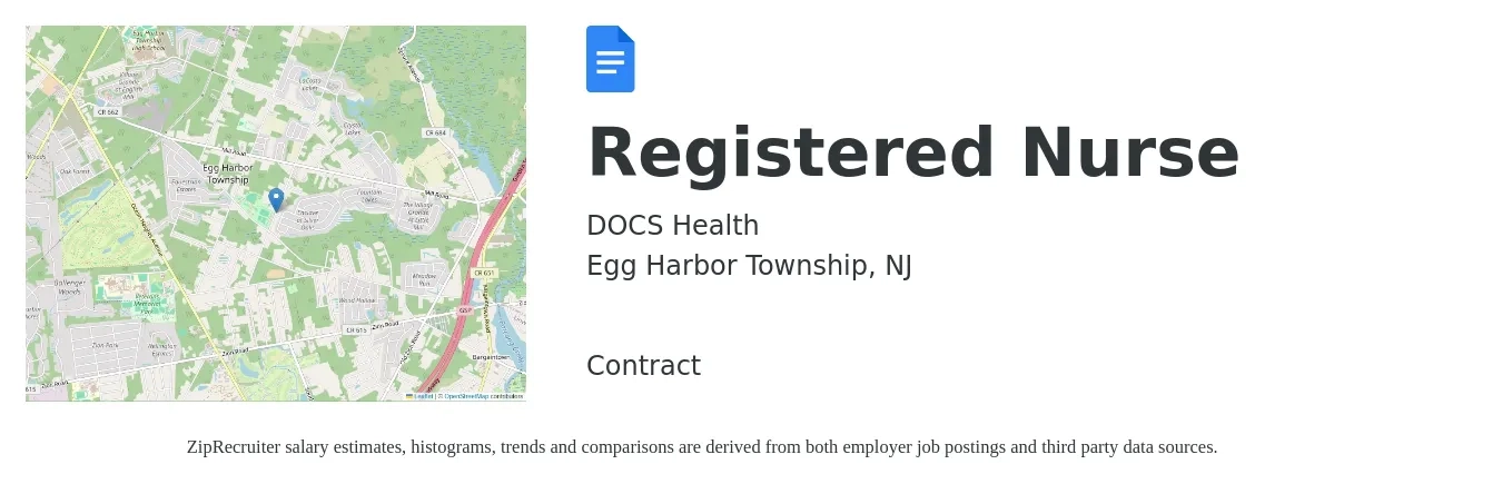 DOCS Health job posting for a Registered Nurse in Egg Harbor Township, NJ with a salary of $32 to $51 Hourly with a map of Egg Harbor Township location.