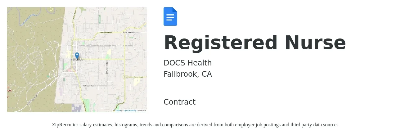 DOCS Health job posting for a Registered Nurse in Fallbrook, CA with a salary of $34 to $54 Hourly with a map of Fallbrook location.