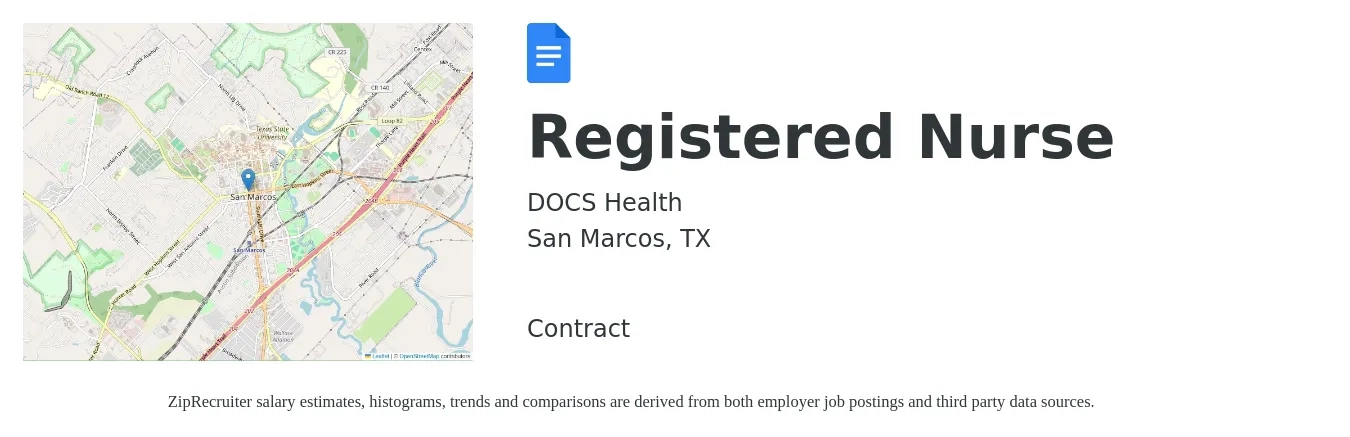 DOCS Health job posting for a Registered Nurse in San Marcos, TX with a salary of $30 to $47 Hourly with a map of San Marcos location.