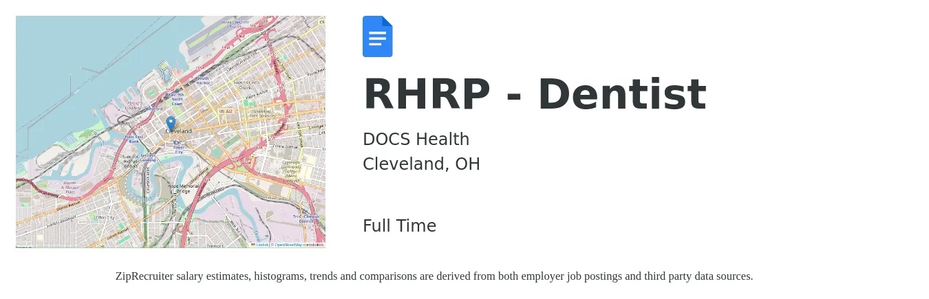 DOCS Health job posting for a RHRP - Dentist in Cleveland, OH with a salary of $127,000 to $228,900 Yearly with a map of Cleveland location.