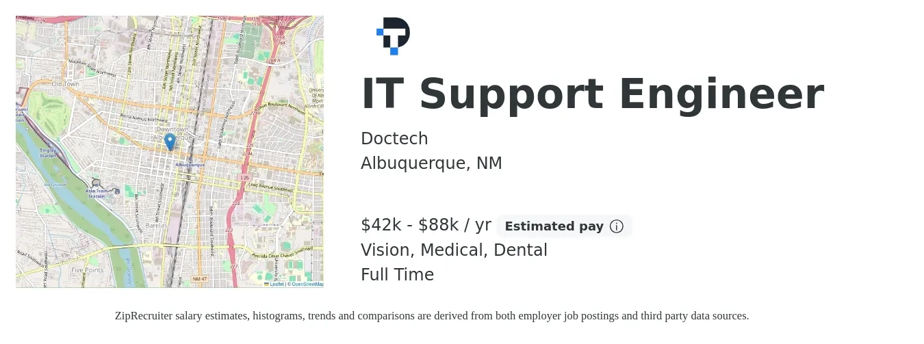 Doctech job posting for a IT Support Engineer in Albuquerque, NM with a salary of $42,000 to $88,000 Yearly and benefits including dental, medical, pto, retirement, and vision with a map of Albuquerque location.