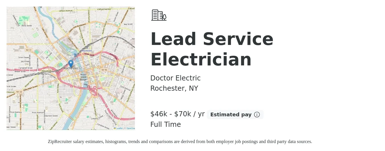 Doctor Electric job posting for a Lead Service Electrician in Rochester, NY with a salary of $46,000 to $70,000 Yearly with a map of Rochester location.