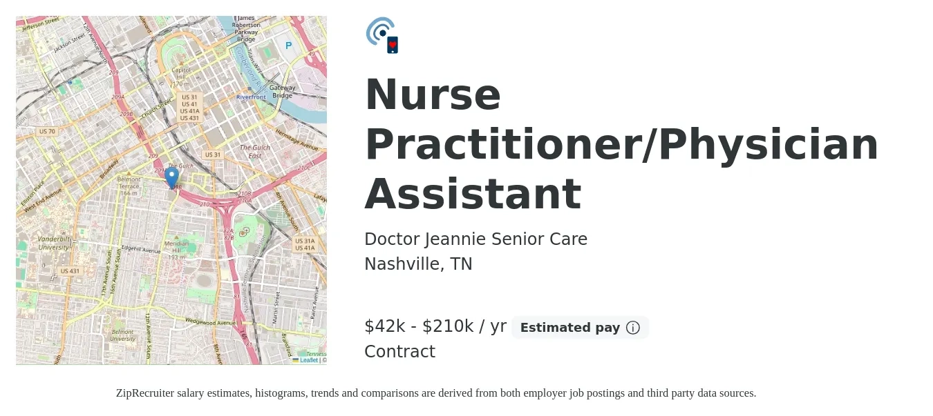 Doctor Jeannie Senior Care job posting for a Nurse Practitioner/Physician Assistant in Nashville, TN with a salary of $42,000 to $210,000 Yearly with a map of Nashville location.