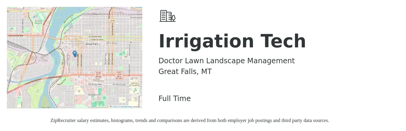 Doctor Lawn Landscape Management job posting for a Irrigation Tech in Great Falls, MT with a salary of $17 to $22 Hourly with a map of Great Falls location.