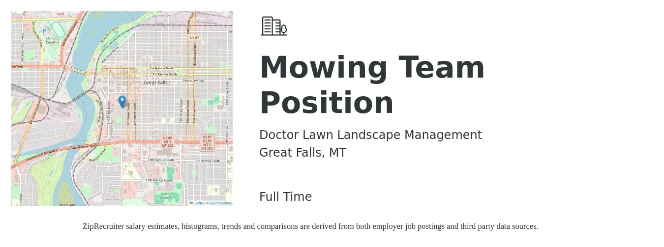 Doctor Lawn Landscape Management job posting for a Mowing Team Position in Great Falls, MT with a salary of $15 to $17 Hourly with a map of Great Falls location.