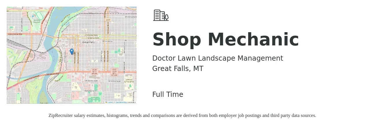 Doctor Lawn Landscape Management job posting for a Shop Mechanic in Great Falls, MT with a salary of $25 to $30 Hourly with a map of Great Falls location.