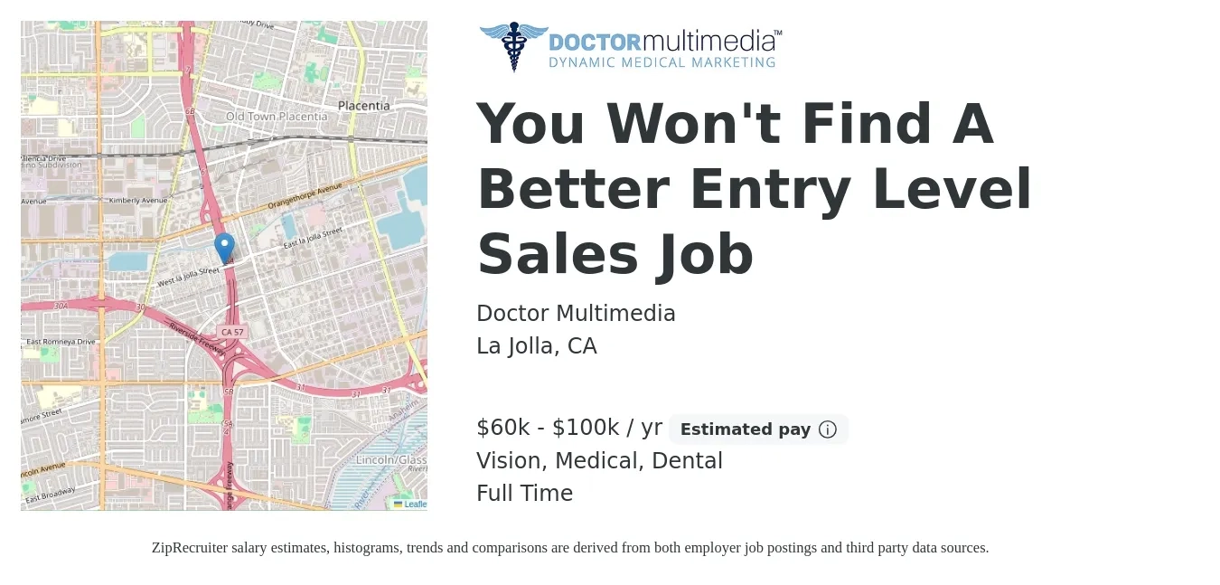 Doctor Multimedia job posting for a You Won't Find A Better Entry Level Sales Job in La Jolla, CA with a salary of $60,000 to $100,000 Yearly (plus commission) and benefits including vision, dental, and medical with a map of La Jolla location.