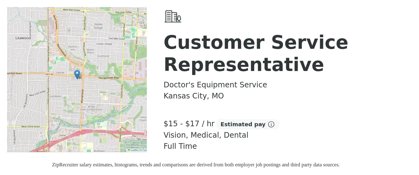 Doctor's Equipment Service job posting for a Customer Service Representative in Kansas City, MO with a salary of $16 to $18 Hourly and benefits including medical, pto, retirement, vision, dental, and life_insurance with a map of Kansas City location.