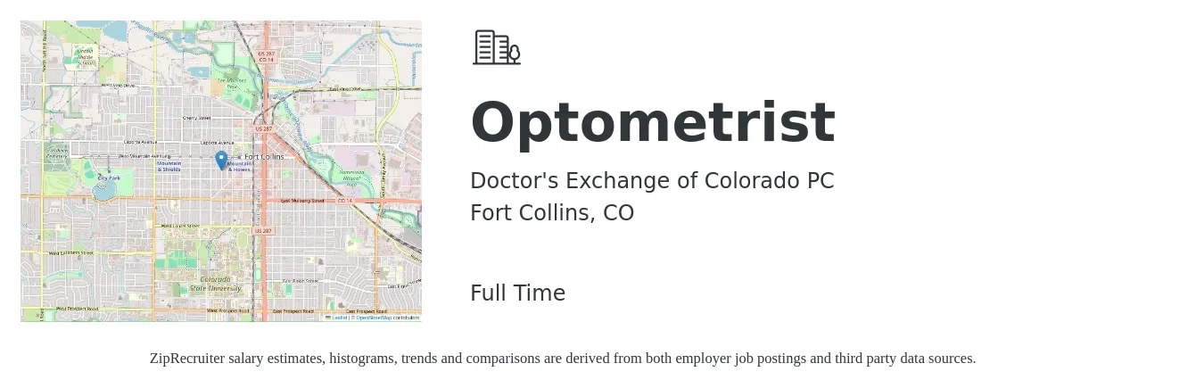 Doctor's Exchange of Colorado PC job posting for a Optometrist in Fort Collins, CO with a salary of $495 to $521 Daily with a map of Fort Collins location.