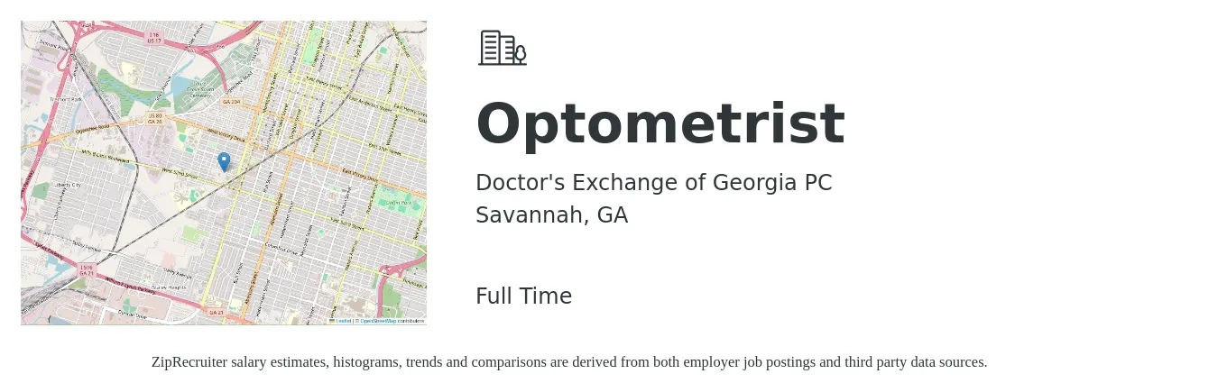 Doctor's Exchange of Georgia PC job posting for a Optometrist in Savannah, GA with a salary of $91,300 to $136,000 Yearly with a map of Savannah location.