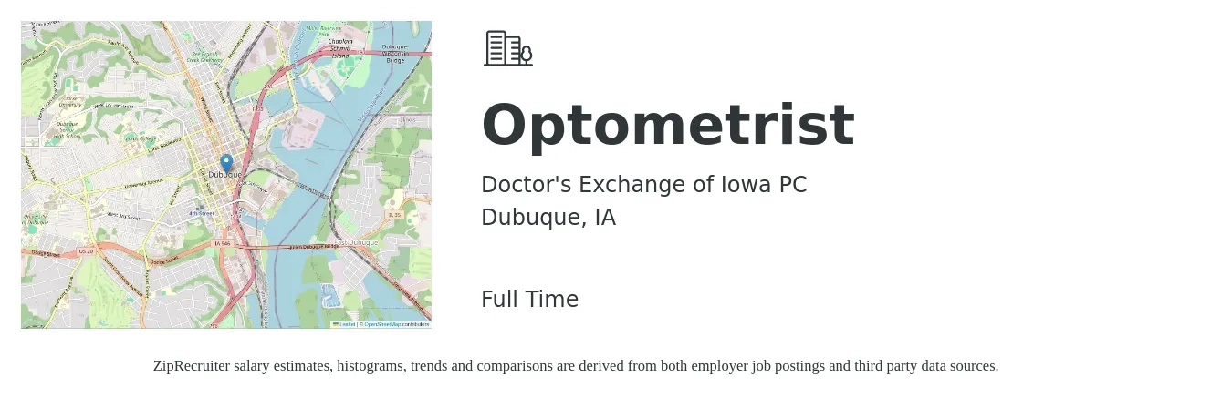 Doctor's Exchange of Iowa PC job posting for a Optometrist in Dubuque, IA with a salary of $92,400 to $137,700 Yearly with a map of Dubuque location.
