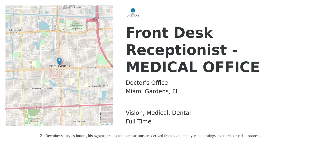 Doctor's Office job posting for a Front Desk Receptionist - MEDICAL OFFICE in Miami Gardens, FL with a salary of $14 to $18 Hourly and benefits including vision, dental, and medical with a map of Miami Gardens location.