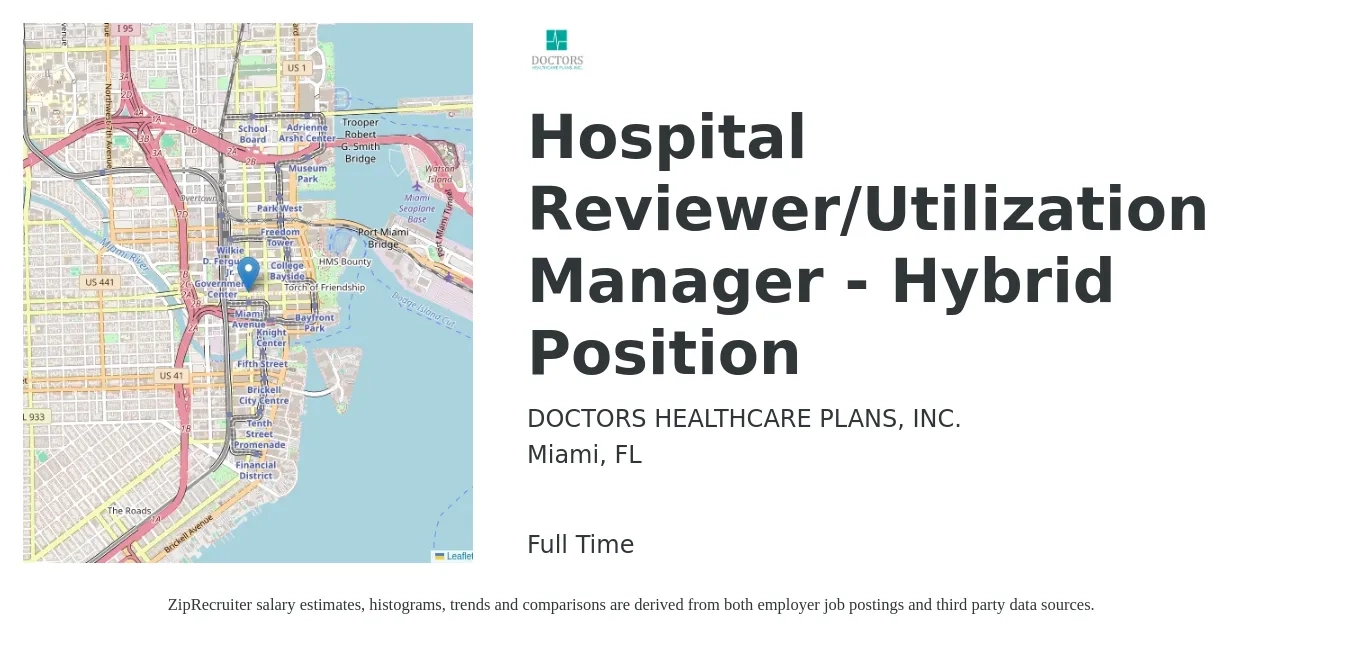 DOCTORS HEALTHCARE PLANS, INC. job posting for a Hospital Reviewer/Utilization Manager - Hybrid Position in Miami, FL with a salary of $33 to $48 Hourly with a map of Miami location.