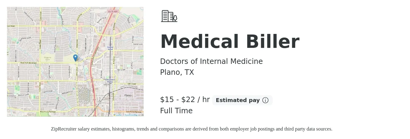 Doctors of Internal Medicine job posting for a Medical Biller in Plano, TX with a salary of $16 to $23 Hourly with a map of Plano location.