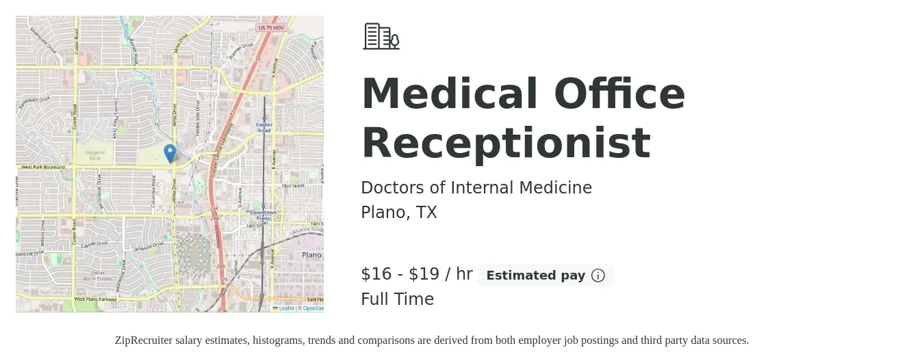 Doctors of Internal Medicine job posting for a Medical Office Receptionist in Plano, TX with a salary of $17 to $20 Hourly with a map of Plano location.