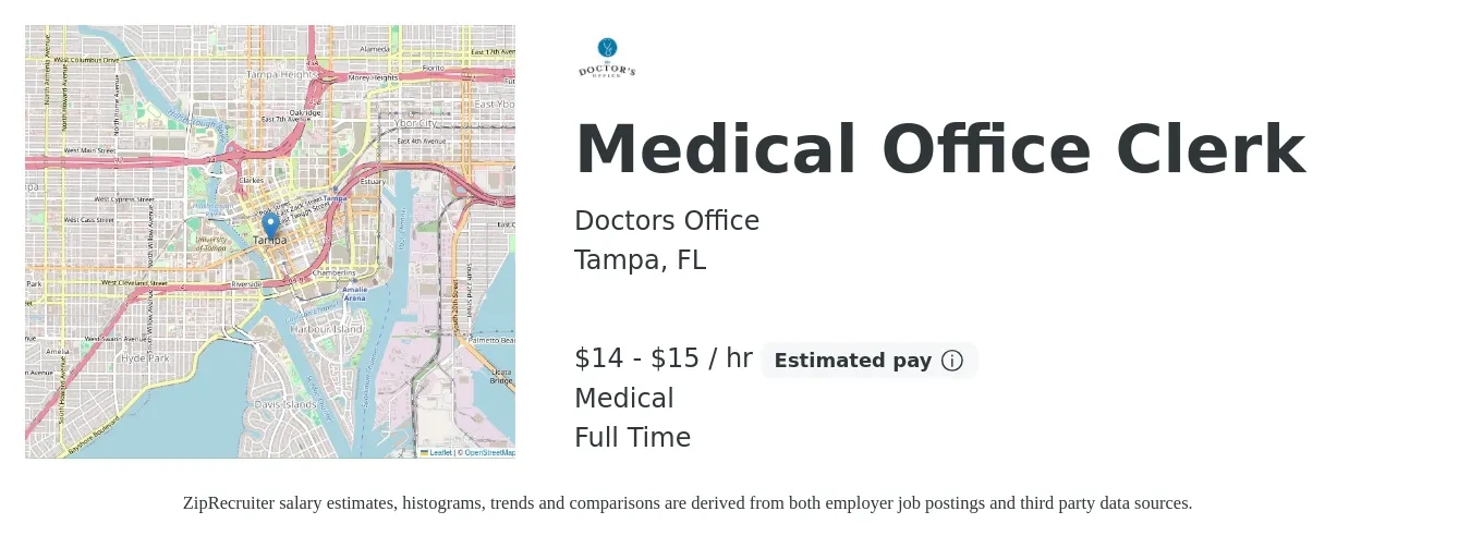 Doctors Office job posting for a Medical Office Clerk in Tampa, FL with a salary of $15 to $16 Hourly and benefits including medical, and pto with a map of Tampa location.