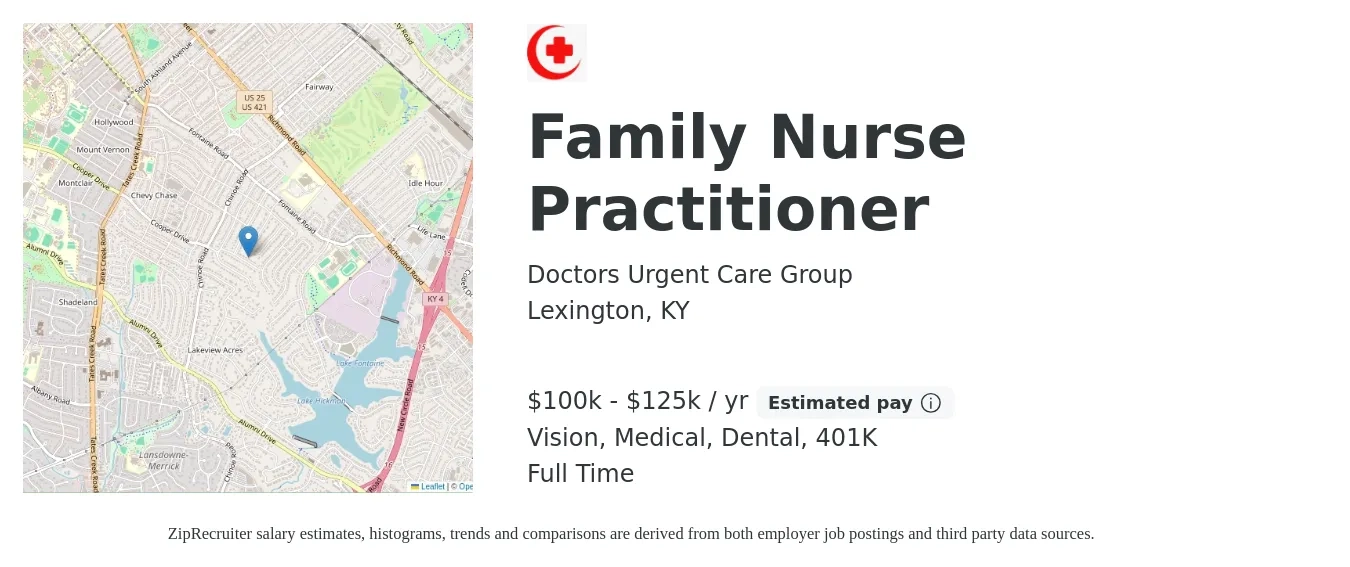 Doctors Urgent Care Group job posting for a Family Nurse Practitioner in Lexington, KY with a salary of $100,000 to $125,000 Yearly and benefits including vision, 401k, dental, life_insurance, and medical with a map of Lexington location.