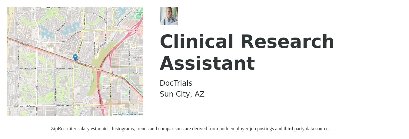 DocTrials job posting for a Clinical Research Assistant in Sun City, AZ with a salary of $17 to $26 Hourly with a map of Sun City location.