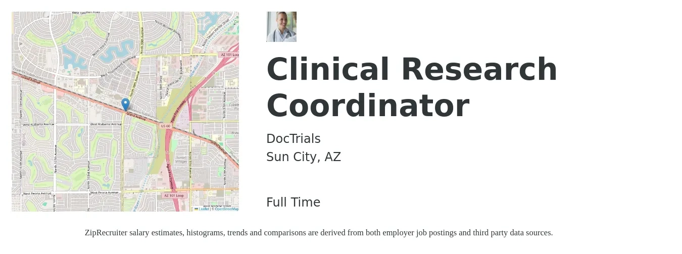 DocTrials job posting for a Clinical Research Coordinator in Sun City, AZ with a salary of $23 to $31 Hourly with a map of Sun City location.