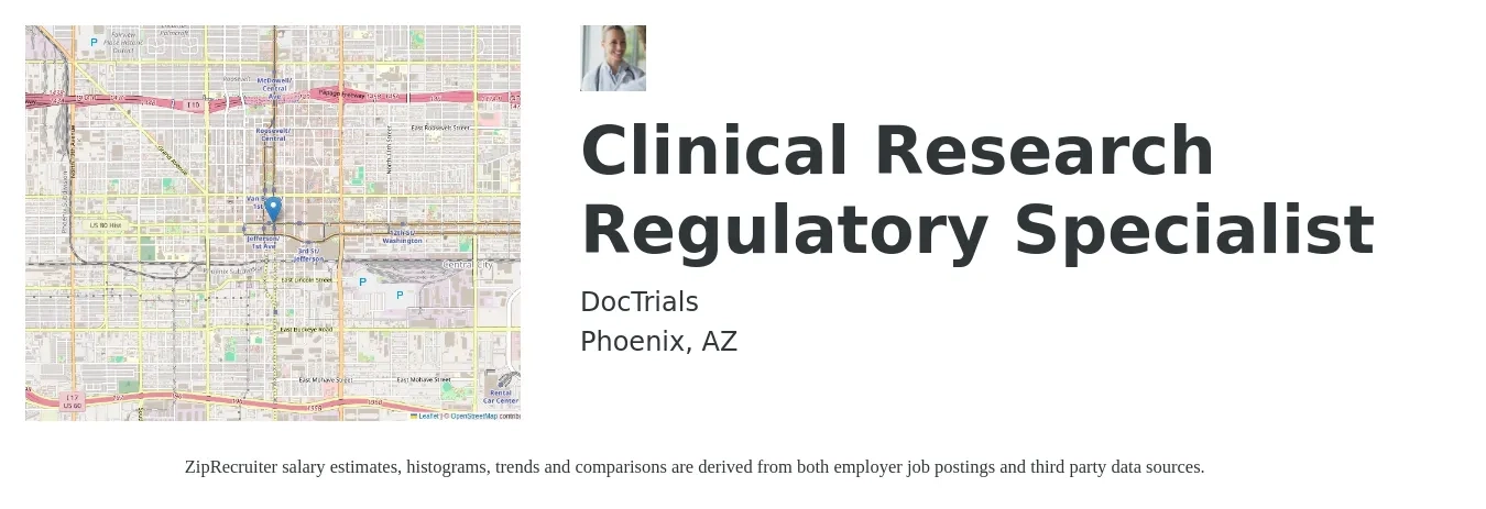 DocTrials job posting for a Clinical Research Regulatory Specialist in Phoenix, AZ with a salary of $26 to $32 Hourly with a map of Phoenix location.