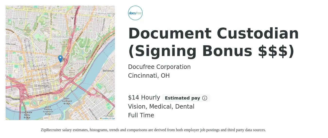 Docufree Corporation job posting for a Document Custodian (Signing Bonus $$$) in Cincinnati, OH with a salary of $15 Hourly and benefits including vision, dental, life_insurance, medical, pto, and retirement with a map of Cincinnati location.