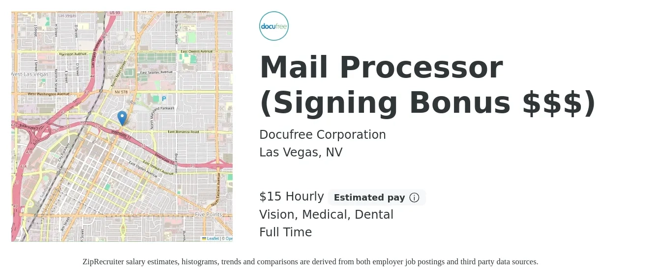 Docufree Corporation job posting for a Mail Processor (Signing Bonus $$$) in Las Vegas, NV with a salary of $16 Hourly and benefits including dental, life_insurance, medical, retirement, and vision with a map of Las Vegas location.