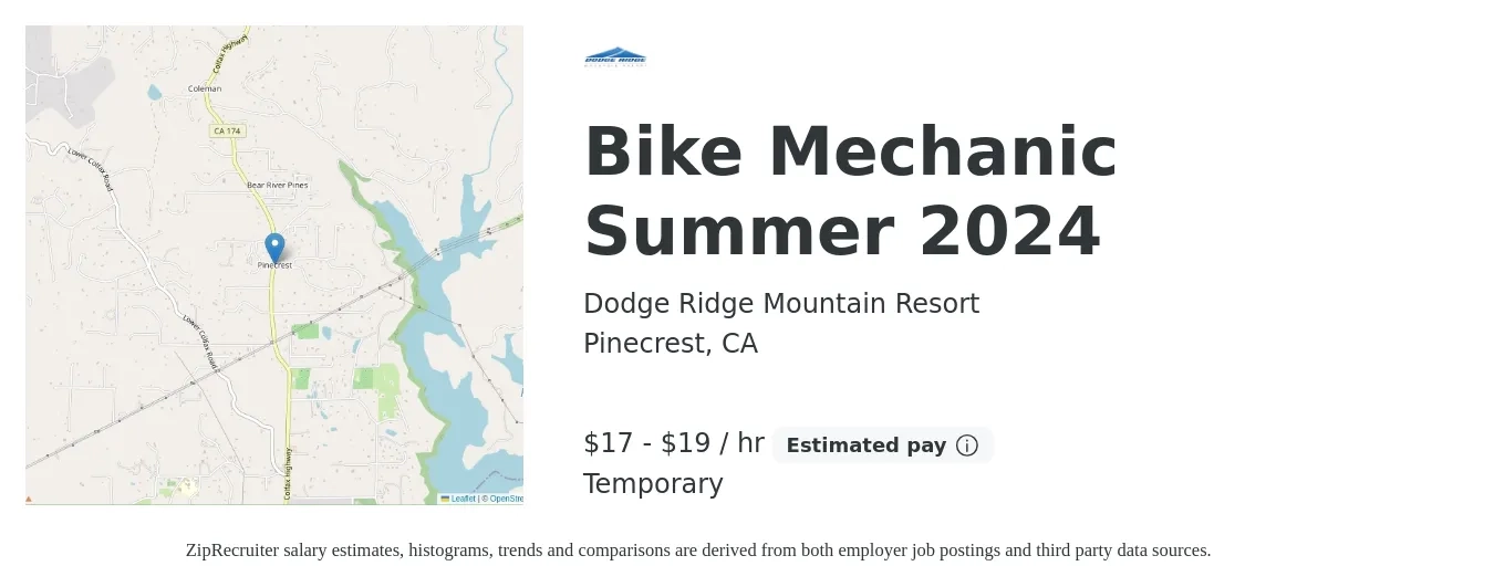 Dodge Ridge Mountain Resort job posting for a Bike Mechanic Summer 2024 in Pinecrest, CA with a salary of $18 to $20 Hourly with a map of Pinecrest location.