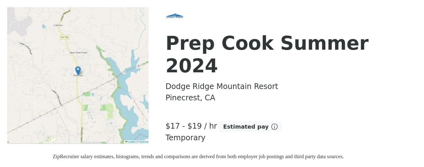 Dodge Ridge Mountain Resort job posting for a Prep Cook Summer 2024 in Pinecrest, CA with a salary of $18 to $20 Hourly with a map of Pinecrest location.