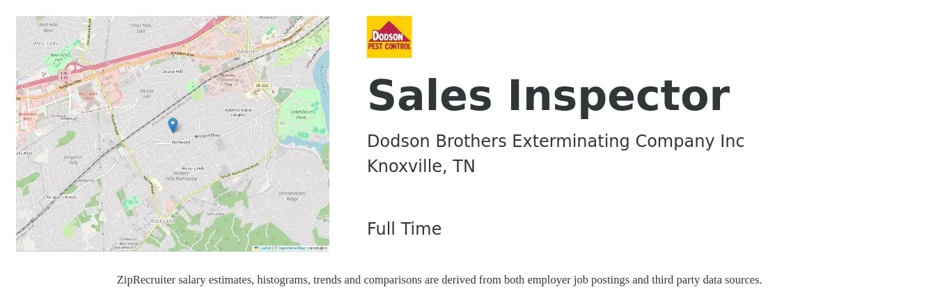 Dodson Brothers Exterminating Company Inc job posting for a Sales Inspector in Knoxville, TN with a salary of $31,200 to $52,700 Yearly with a map of Knoxville location.