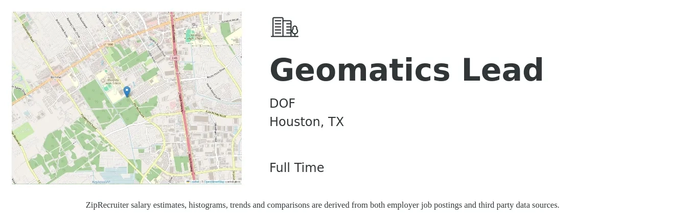 DOF job posting for a Geomatics Lead in Houston, TX with a map of Houston location.