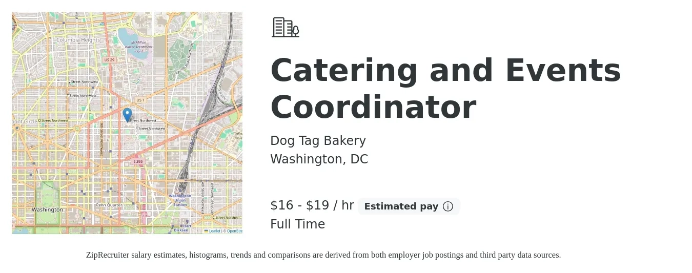 Dog Tag Bakery job posting for a Catering and Events Coordinator in Washington, DC with a salary of $17 to $20 Hourly with a map of Washington location.