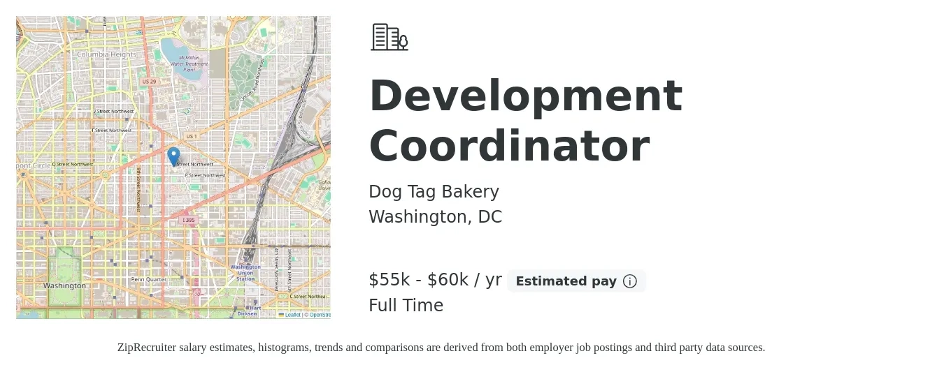 Dog Tag Bakery job posting for a Development Coordinator in Washington, DC with a salary of $55,000 to $60,000 Yearly with a map of Washington location.