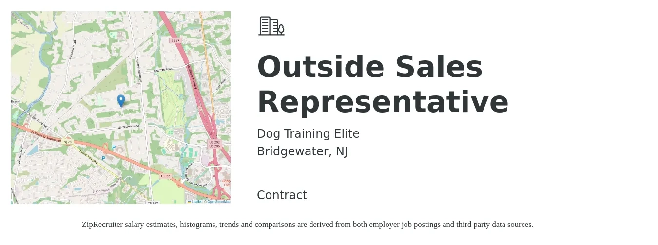 Dog Training Elite job posting for a Outside Sales Representative in Bridgewater, NJ with a salary of $50 Daily (plus commission) with a map of Bridgewater location.