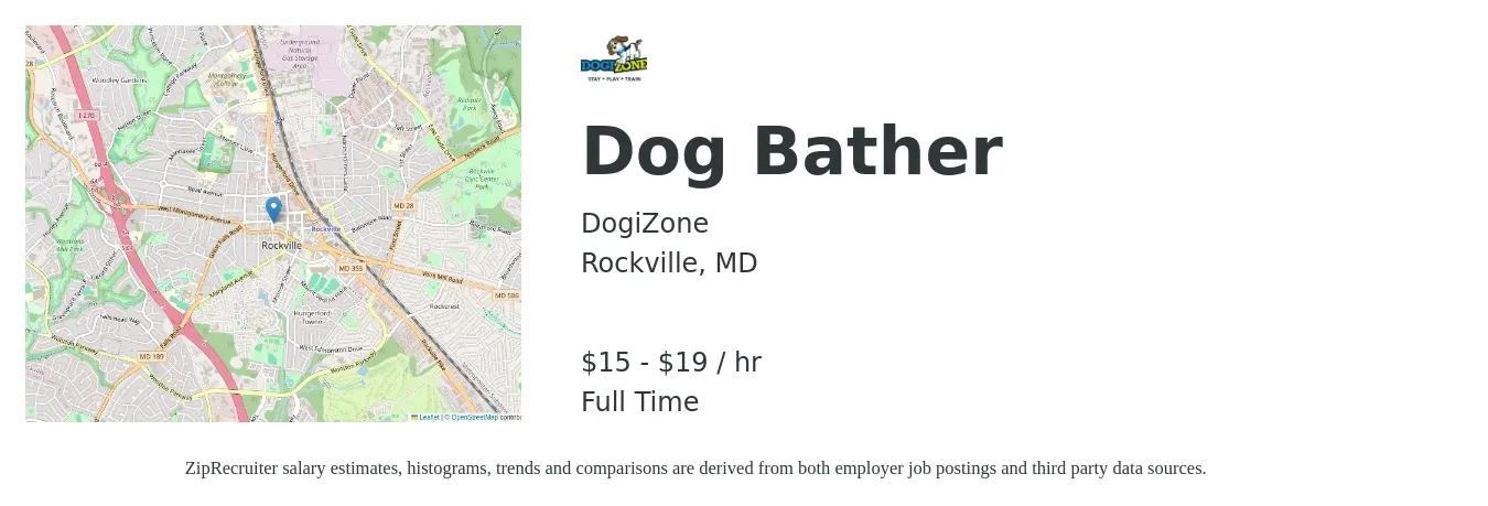 DogiZone job posting for a Dog Bather in Rockville, MD with a salary of $16 to $20 Hourly with a map of Rockville location.