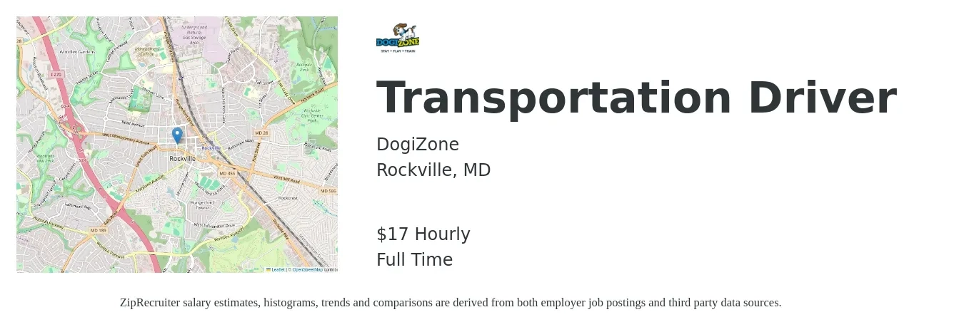 DogiZone job posting for a Transportation Driver in Rockville, MD with a salary of $18 Hourly with a map of Rockville location.