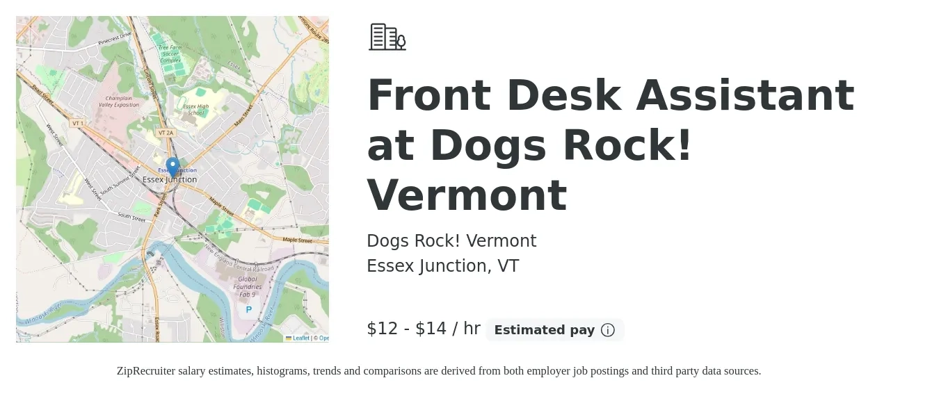 Dogs Rock! Vermont job posting for a Front Desk Assistant at Dogs Rock! Vermont in Essex Junction, VT with a salary of $13 to $15 Hourly with a map of Essex Junction location.