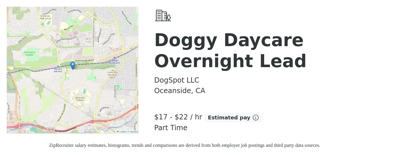 DogSpot LLC job posting for a Doggy Daycare Overnight Lead in Oceanside, CA with a salary of $18 to $23 Hourly with a map of Oceanside location.