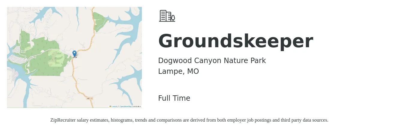 Dogwood Canyon Nature Park job posting for a Groundskeeper in Lampe, MO with a salary of $13 to $17 Hourly with a map of Lampe location.