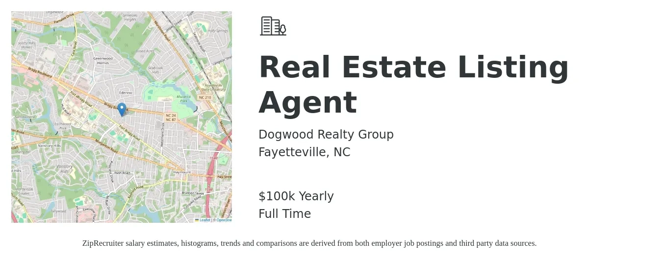 Dogwood Realty Group job posting for a Real Estate Listing Agent in Fayetteville, NC with a salary of $100,000 Yearly with a map of Fayetteville location.