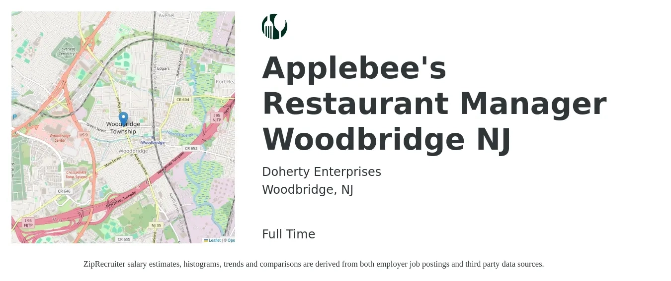 Doherty Enterprises job posting for a Applebee's Restaurant Manager Woodbridge NJ in Woodbridge, NJ with a salary of $45,400 to $64,100 Yearly with a map of Woodbridge location.