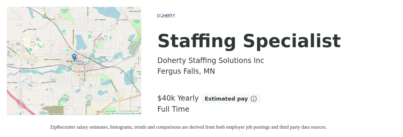 Doherty Staffing Solutions Inc job posting for a Staffing Specialist in Fergus Falls, MN with a salary of $40,000 Yearly with a map of Fergus Falls location.