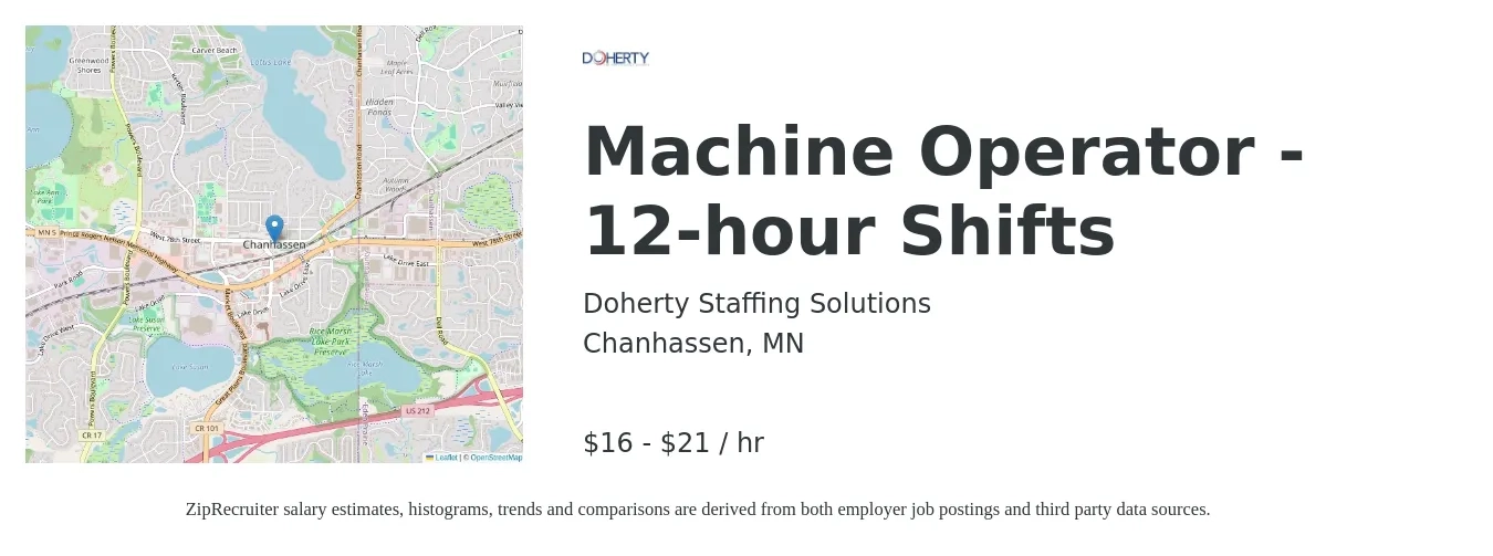 Doherty Staffing Solutions job posting for a Machine Operator-12 Hour Shifts in Chanhassen, MN with a salary of $17 to $22 Hourly and benefits including vision, dental, life_insurance, medical, pto, and retirement with a map of Chanhassen location.