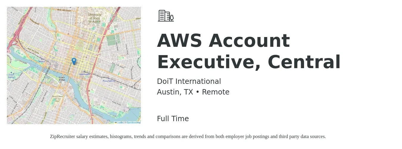 DoiT International job posting for a AWS Account Executive, Central in Austin, TX with a salary of $53,500 to $94,200 Yearly with a map of Austin location.